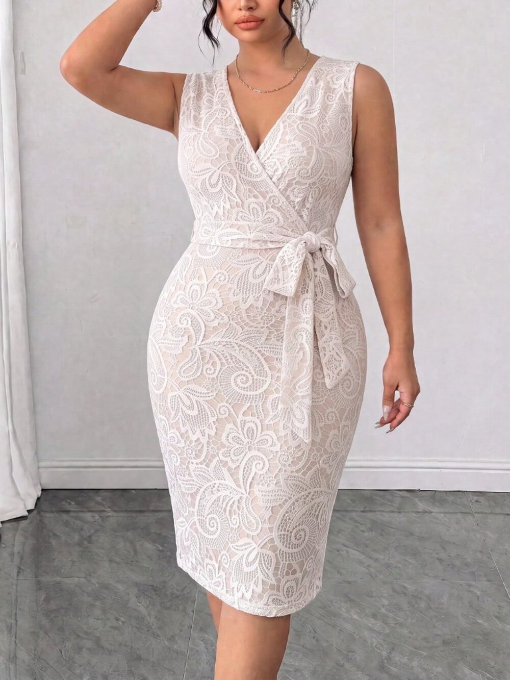 Beige Elegant Women's Slim Fit High-Waist Deep V-Neck Plants Print Bodycon Dress
